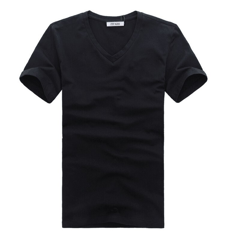 ITFABS Brand Cool Men V Neck Simple Cotton T-shirt Slim Fit Short Sleeve Solid Color Clothes Street Casual Tee: Black / XXXL