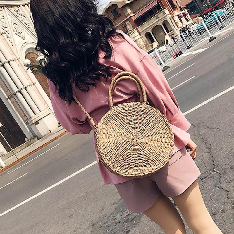 Bolso redondo de paja para mujer, tejida a mano bandolera de mimbre, para la playa,
