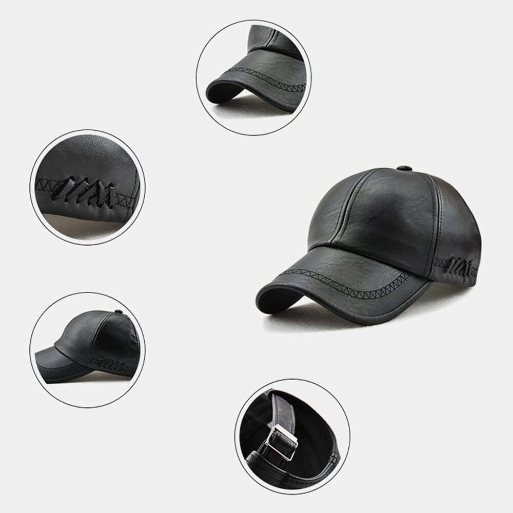 Justerbar forår vinter pu læder baseball caps til mænd solid pu læder herre kasket udendørs snapback hat sort brun vævet indretning