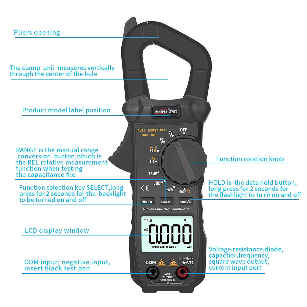 Clamp Meter 60A/600A Amp AD/DC Current RMS Digital Clamp Multimeter 6000 Counts True RMS 750V/1000V Large LCD Display Backlight