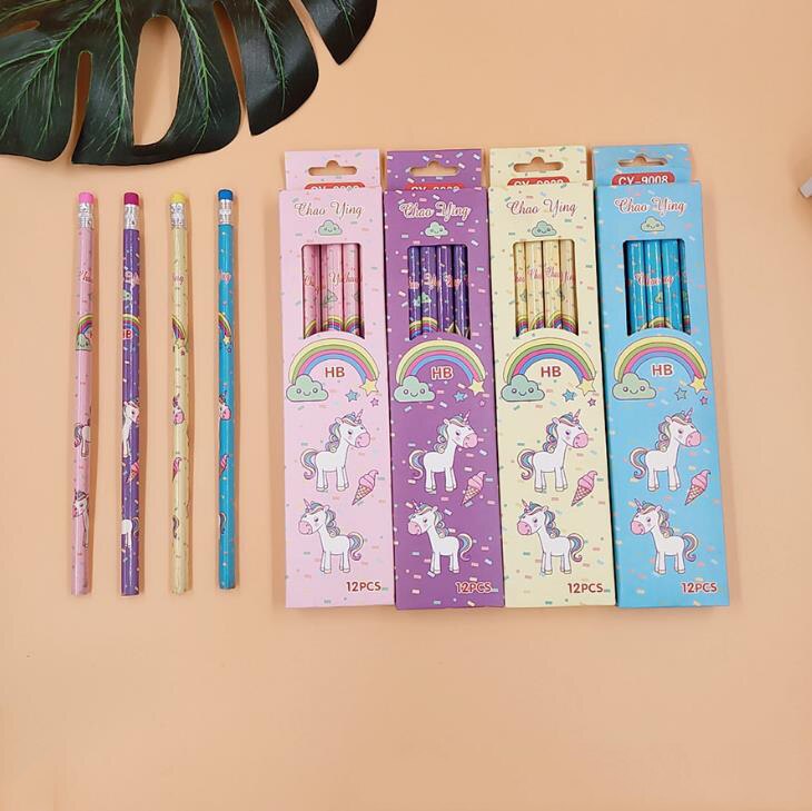 12 Pcs/pack Cartoon Rainbow Unicorn HB Wooden Pencils Sketch Drawing Wood Standard Pencil Stationery Student School Office
