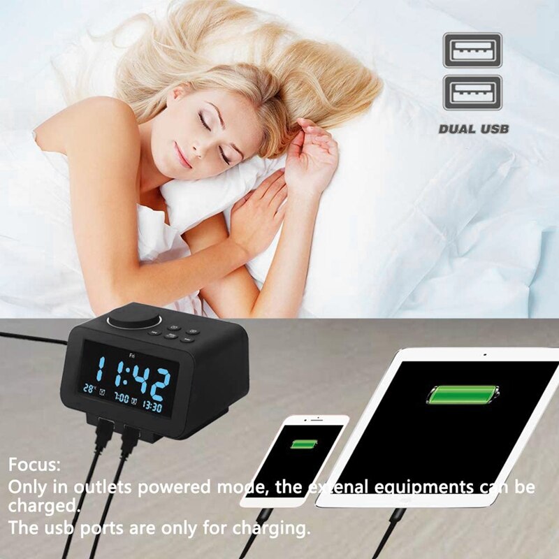 Smart Mute Multifunctional Black Electronic Alarm Clock LED Bedside Bedroom Radio Alarm Clock-EU Plug