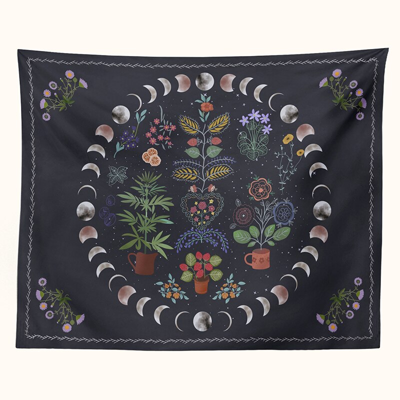 Moonlit Tuin Tapestry Maan Fase Tapestry Bloemen Wandtapijten Zwarte Achtergrond Bloemen Tapijt Muur Opknoping Voor Kamer Home Decor: Default Title