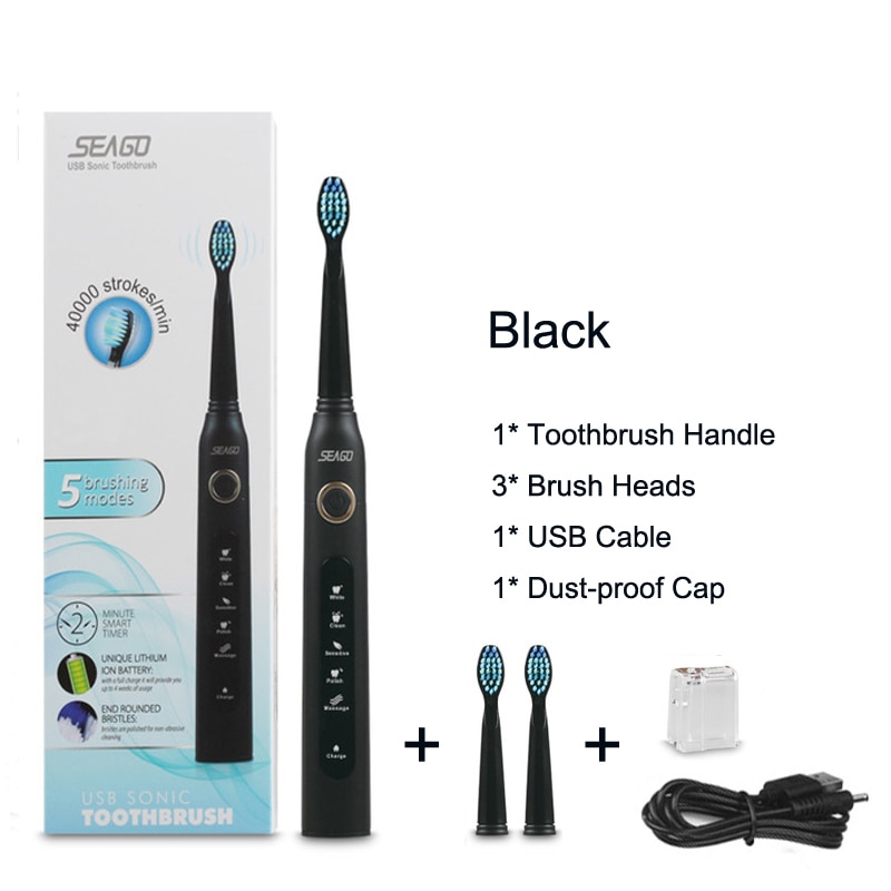 Sonic Electric Toothbrush Brand Teeth Whitening Replacement Brush Heads USB Recharging Tooth Brush Dental Teeth Cleaner White: black toothbrush SG
