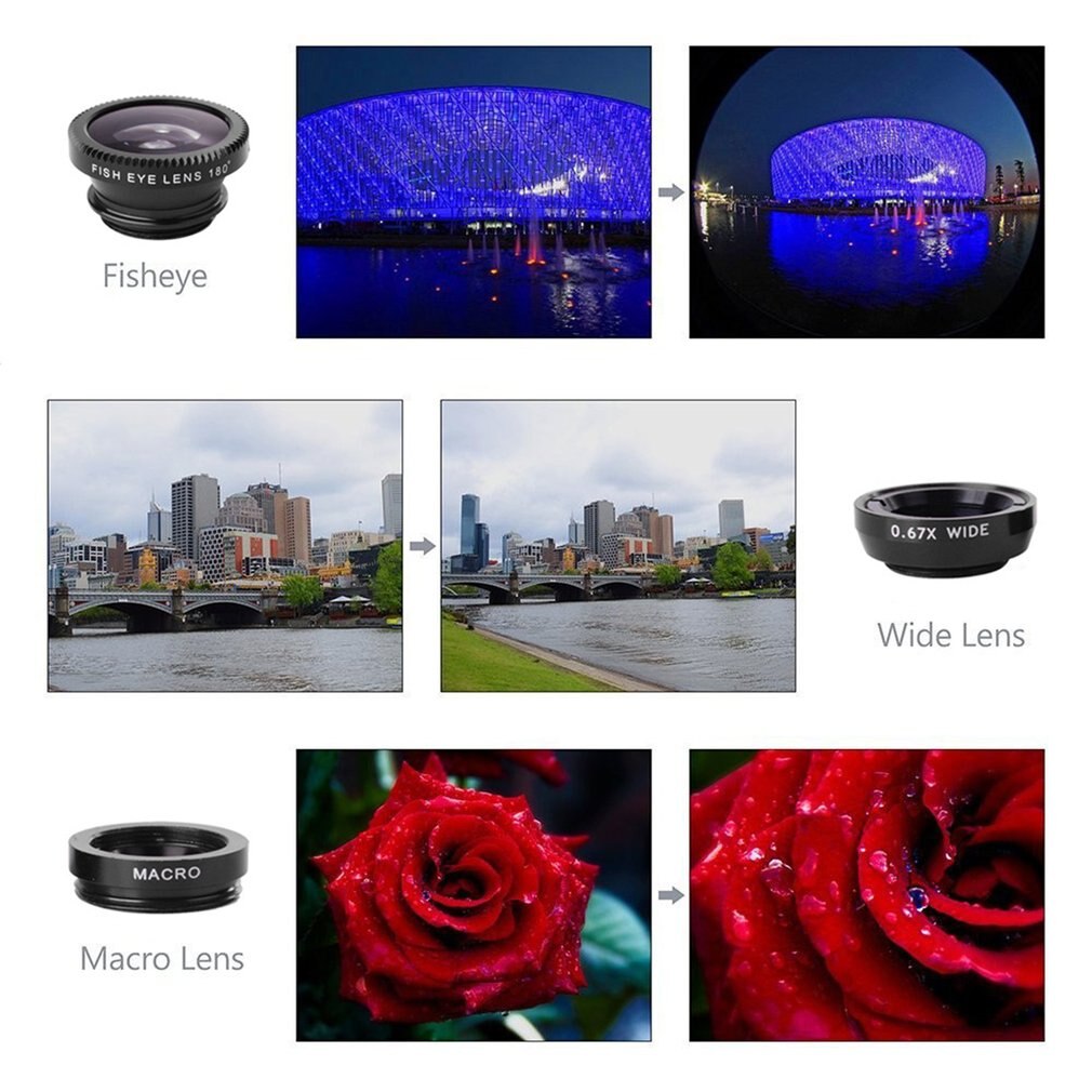 3-in-1 Wide Angle Macro Fisheye Lens Camera Kits Mobile Phone Fish Eye Lenses with Clip 0.65x for iPhone Samsung All Cell Phones