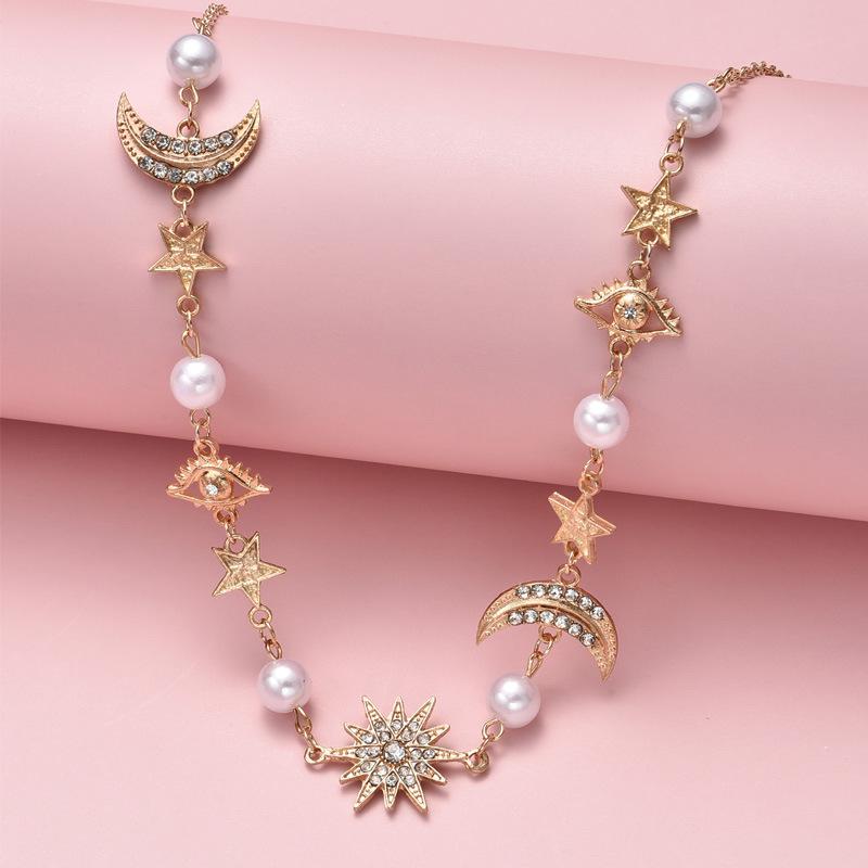 Necklace Eye Moon Star Sun Flower Simulation Pearl Crystal Clavicle Chain Statement Necklace Women Jewelry: Default Title