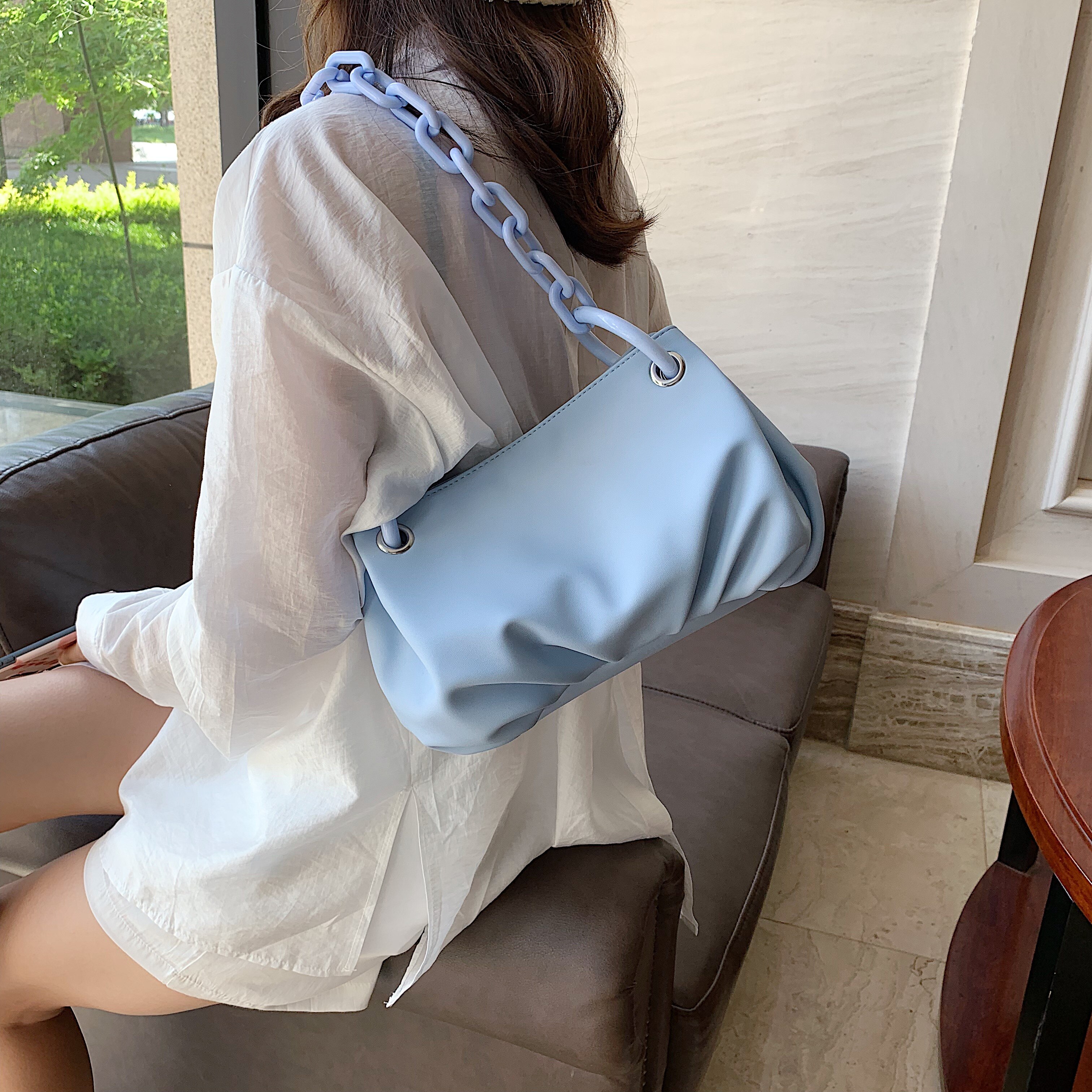 Acrylic Chain Small PU Leather Bags For Women Simple Solid Color Shoulder Handbags Travel Armpit Bag Hand Bag