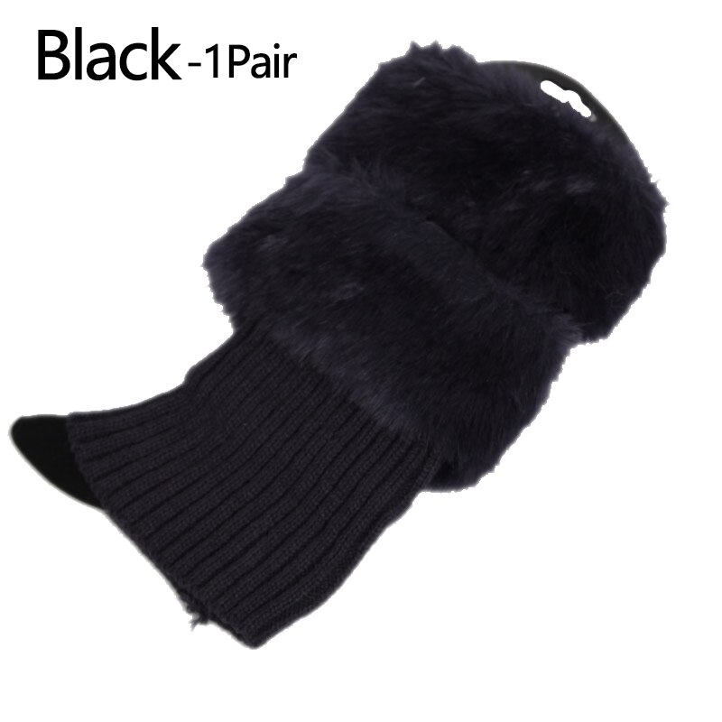 Herfst winter effen kleur casual dames gebreide laarzen manchetten bont gebreide warme beenwarmers laarzen sokken beenwarmers schoenen set kerst: Zwart