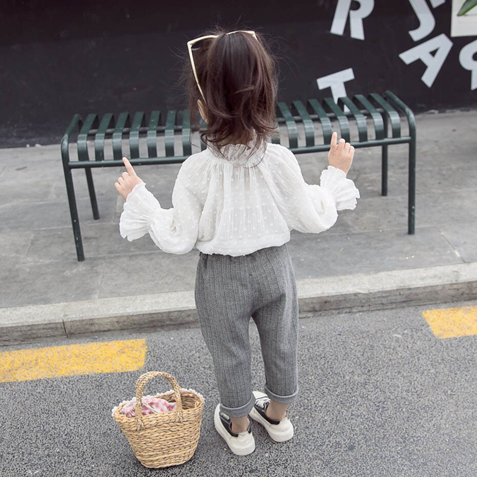 Camisas para niñas, blusa blanca con volantes para niñas, blusa de lunares para niñas, ropa de manga ancha para niñas