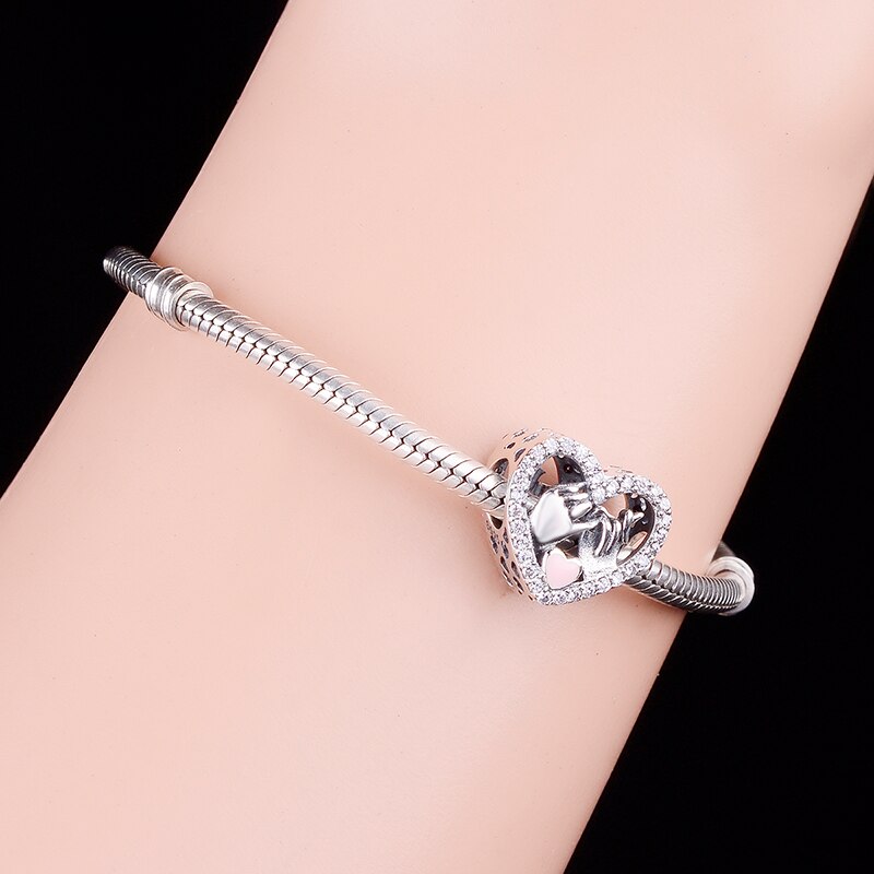 Pulsera con abalorio de plata de ley 925 para mujer, brazalete con de "Te quiero, promesa manos, gesto, corazón rosa, Berloque 2022