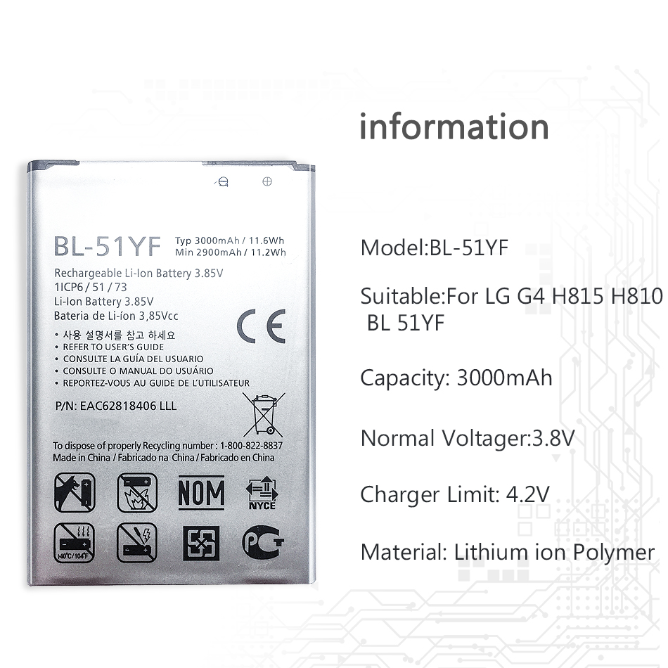 Replacement 3000mAh Mobile Battery BL-51YF For LG G4 H815 H810 VS999 F500 F500S F500K F500L H81 H818 H819 BL 51YF