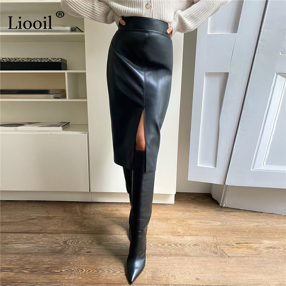 Quiet Luxury Faux Trendy Leather Slit Midi Skirt