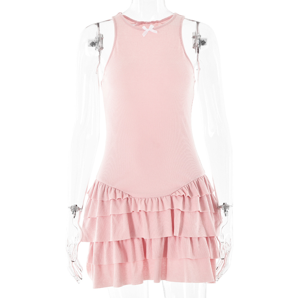 Absobe-Vestido corto ajustado con volantes y lazo para mujer, minivestido ajustado con cuello en U, ropa de playa para verano: L / Rosa