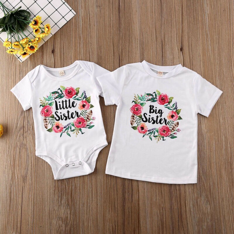 Tamanhos grandes e pequenos, camisetas combinando para bebês meninas de 0 a 7 anos, irmã, carta floral, manga curta, macacão infantil, camiseta, roupas de algodão