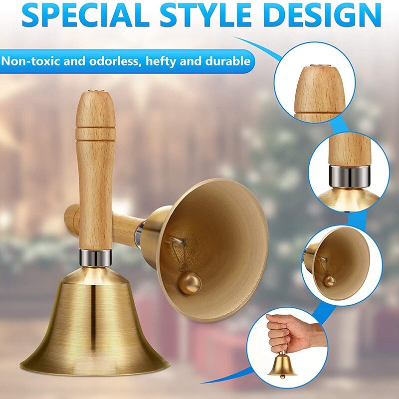 2 Pieces Brass Hand Call Bells with Wooden Handle Handbells,Held Service Bell,Animal Bell Decoration