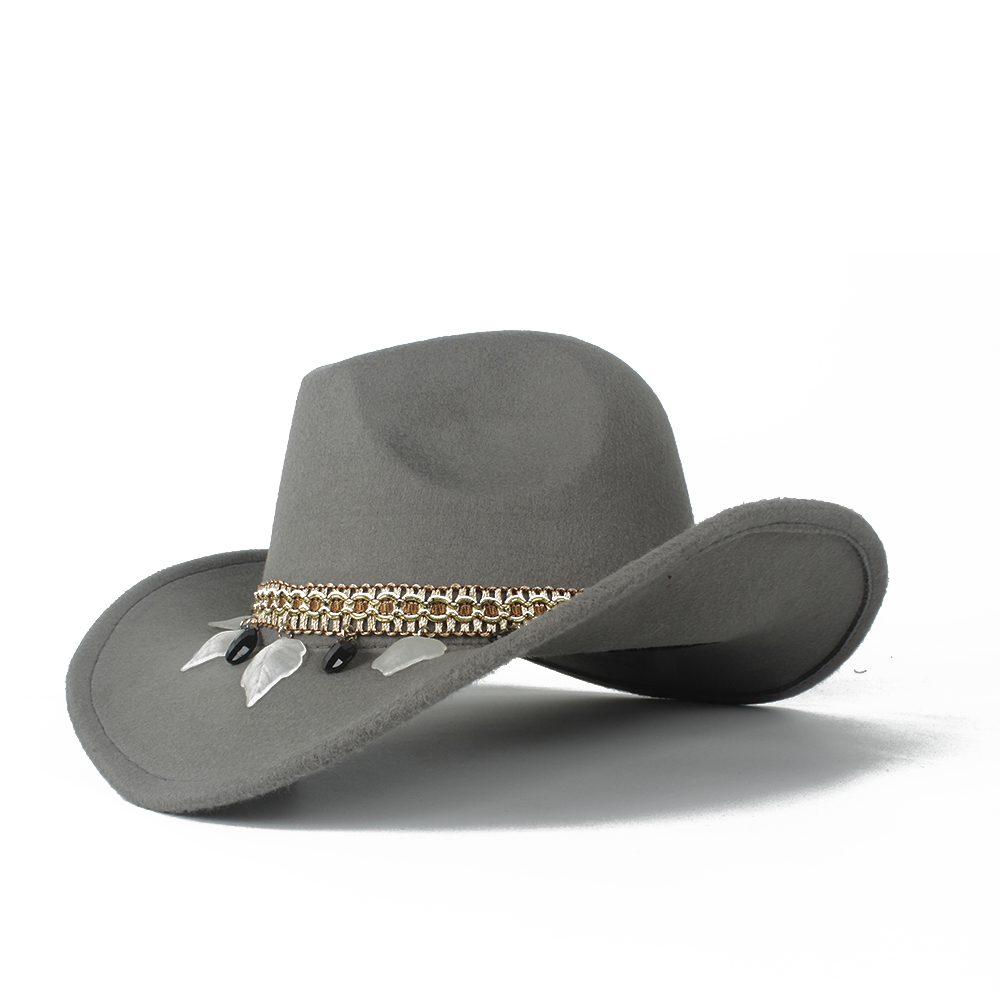 Kvinder uld hule vestlige cowboy hat dame tasseloutblack cowgirl sombrero hombre jazz cap: Grå