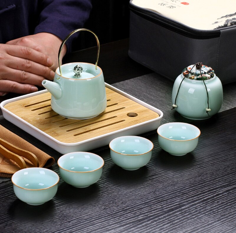 Chinese Travel Kung Fu Tea Set Ceramic Celadon Teapot Porcelain Teaset Gaiwan Tea Cups of Tea Ceremony Tea Pot With Travel Bag
