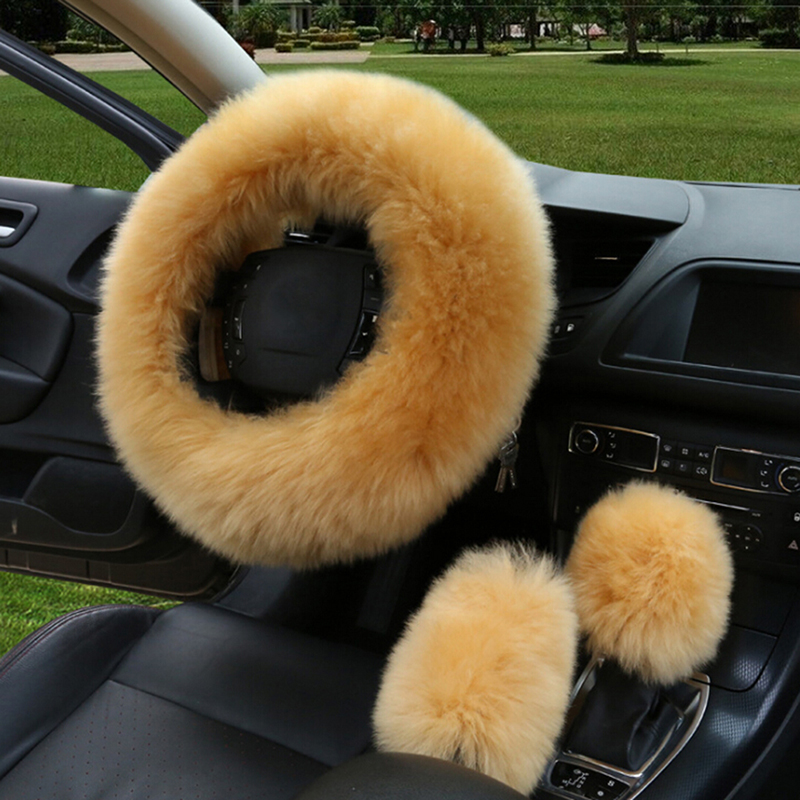 Bil lang plys varm rattæppe uld håndbremse universal 3 stk / sæt kunstig pels auto interiør ratdæksler: Guld kamel