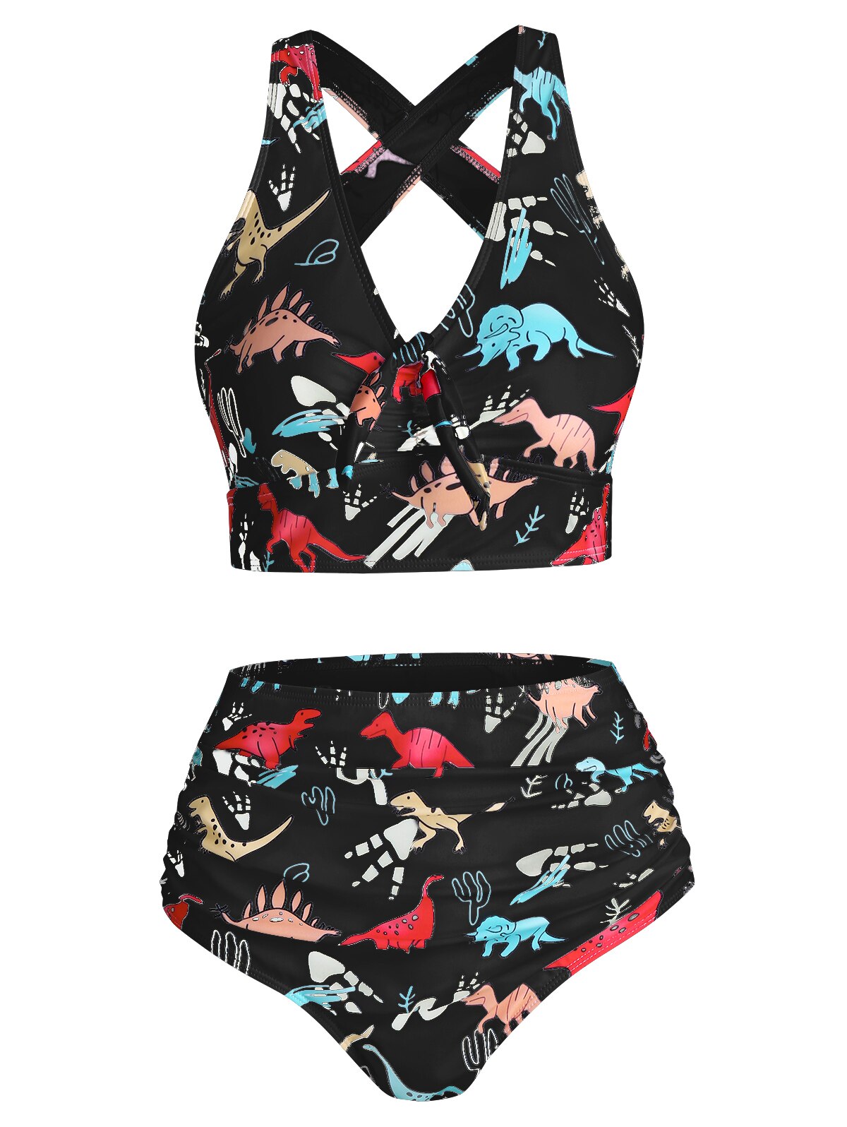 Plus Size Vrouwen Zwempakken Cartoon Dinosaurus Print Bow Detail Padded Tankini Set S ~ 3XL Zwart/Wit Zwemmen suits Beachwear: Black / S