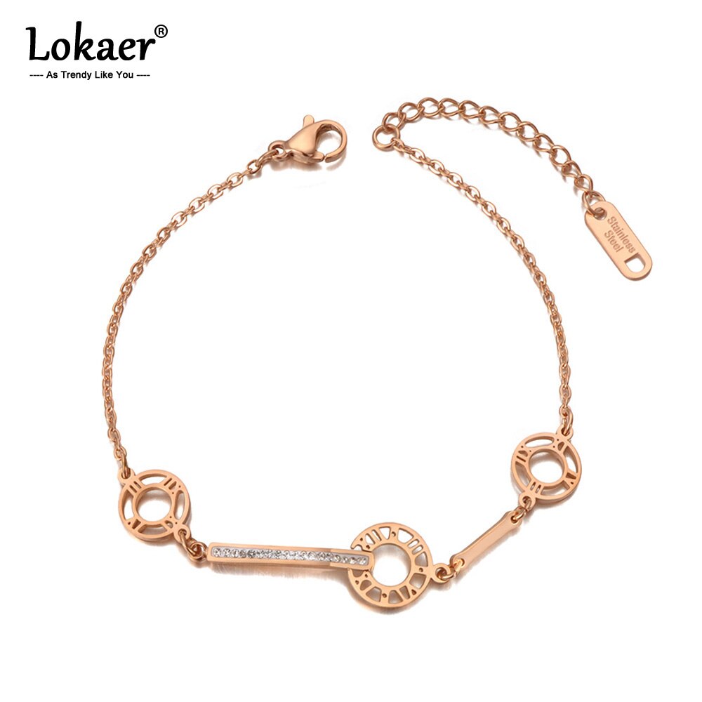 Lokaer Design Em Aço Inoxidável Numeral Romano Do Vintage Círculo Charme Pulseiras Para As Mulheres Da Moda CZ Cristal Chain Link Jóias B20098