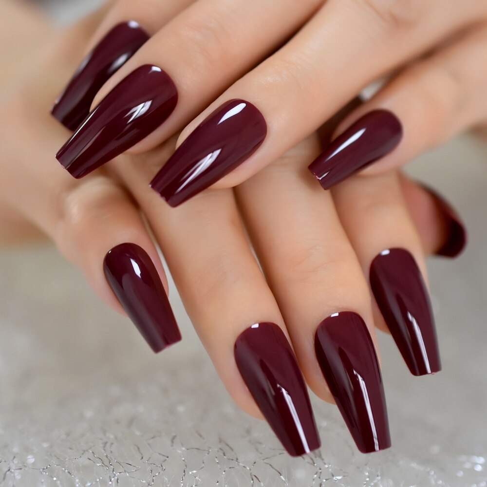 Tapered Coffin Nails Long Size Square Maroon Dark Red Acrylic Artificial False Nails Manicure Tips 24 CT