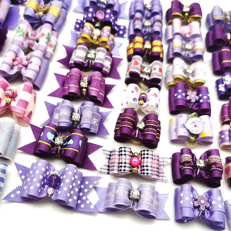 10 unids/lote de lazos para el pelo de perro, banda de goma de colores mezclados, cuidado de gatos hecho a mano para mascotas, cachorros, gatos, Mini accesorios con lazo: Morado