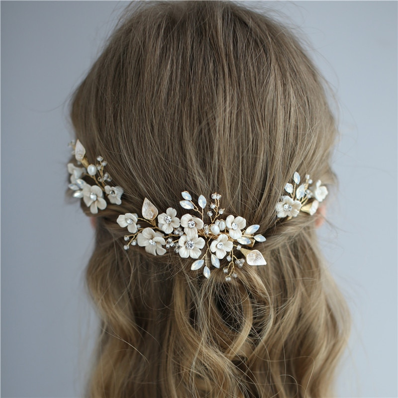 Handmade Bride Headpiece biżuteria ceramiczna kwiatowa do włosów grzebień zestaw klipów wsuwka ślubne ślubne akcesoria do włosów