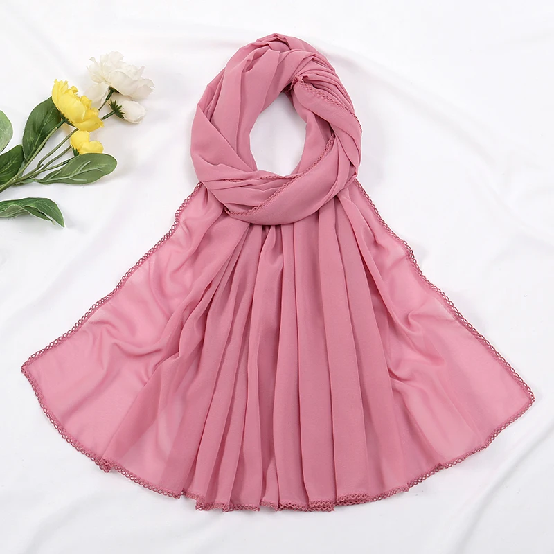 Premium Chiffon Hijab Sjaal Voor Vrouwen Tulband Sluier Kant Stiksel Sjaals Moslim Hijaabs Effen Kleur Vrouw Hoofddoek Sjaal Ramadan: Crème