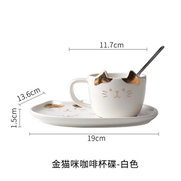 Set de tazas de café de cerámica de gato de dibujos animados té taza y platillo cuchara desayuno taza para café o leche pan plato de postre de pareja: white