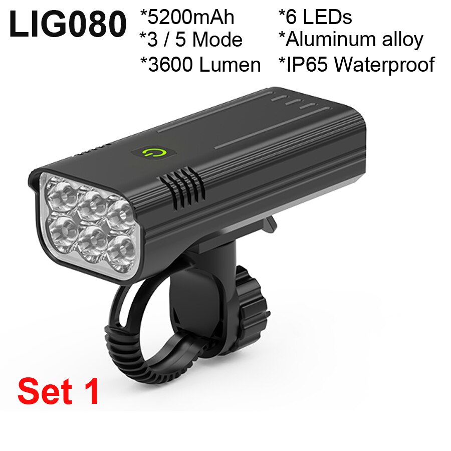 NEWBOLER Luz bicicleta 3600 lúmenes juego de luces de bicicleta MTB a prueba de lluvia recargable por USB con 2 soportes 5200 mAh ciclismo linterna accesorios para bicicleta: LIG080 Set 1