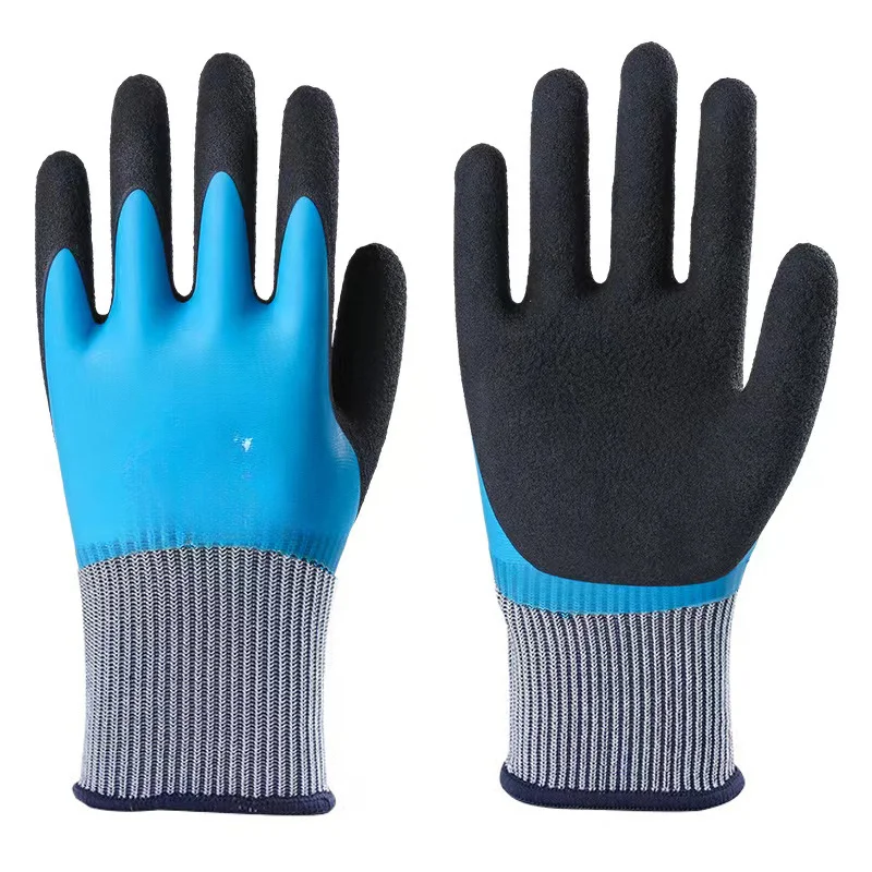 6 pares de guantes de trabajo impermeables de seguridad, guantes de trabajo para hombre y mujer, guantes de nailon con doble recubrimiento, cómodos guantes de espuma de látex: Negro