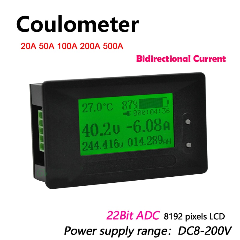 Dc 200v 500a coulomb meter lithium batteri monitor ladeafladningsspænding strøm strøm kapacitet display 12v 24v 36v 48v 60v