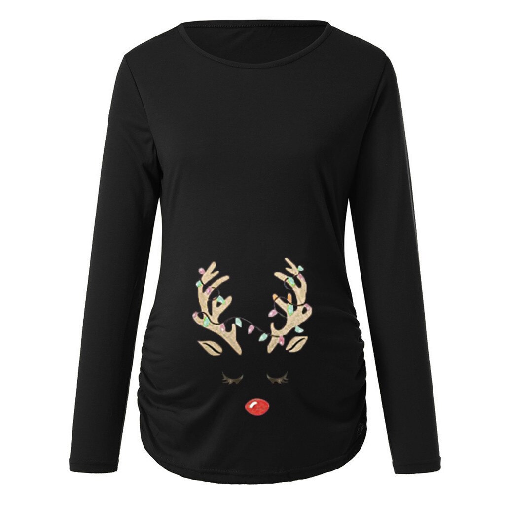 Christmas Maternity Clothing Women's Print Christmas Side Ruched Long Sleeve Maternity Top Pregnancy Clothes Maternity Blouse: BK / L