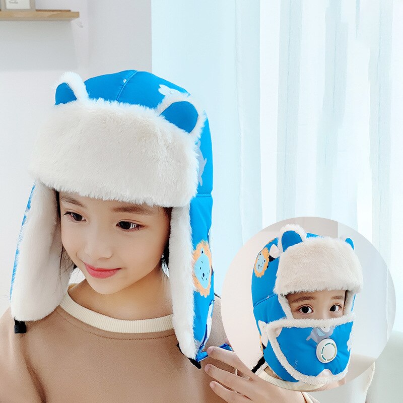 Gorro de algodón con protección para las orejas para niños y niñas, gorros gruesos cálidos para bebés: Azul