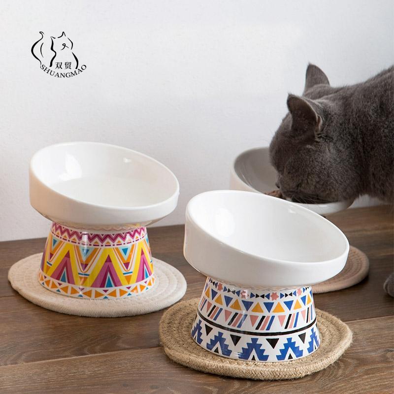 Cuenco de cerámica antideslizante para mascotas, comedero para gatos, protección de 45 grados para el cuello del perro, contenedor de comida, alimentación de agua, productos para perros