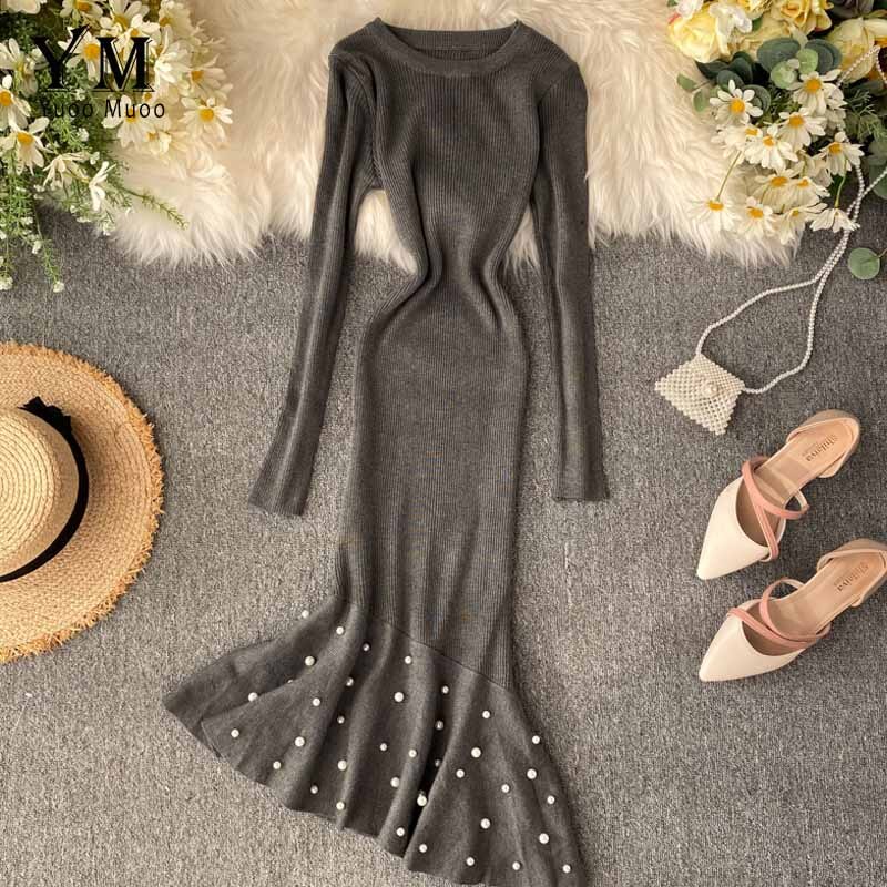 YuooMuoo nieregularne frezowanie wzburzyć syrenka midi sukienka kobiety elegancka sukienka z długimi rękawami jesień dzianiny sukienki damskie tunika: Szary