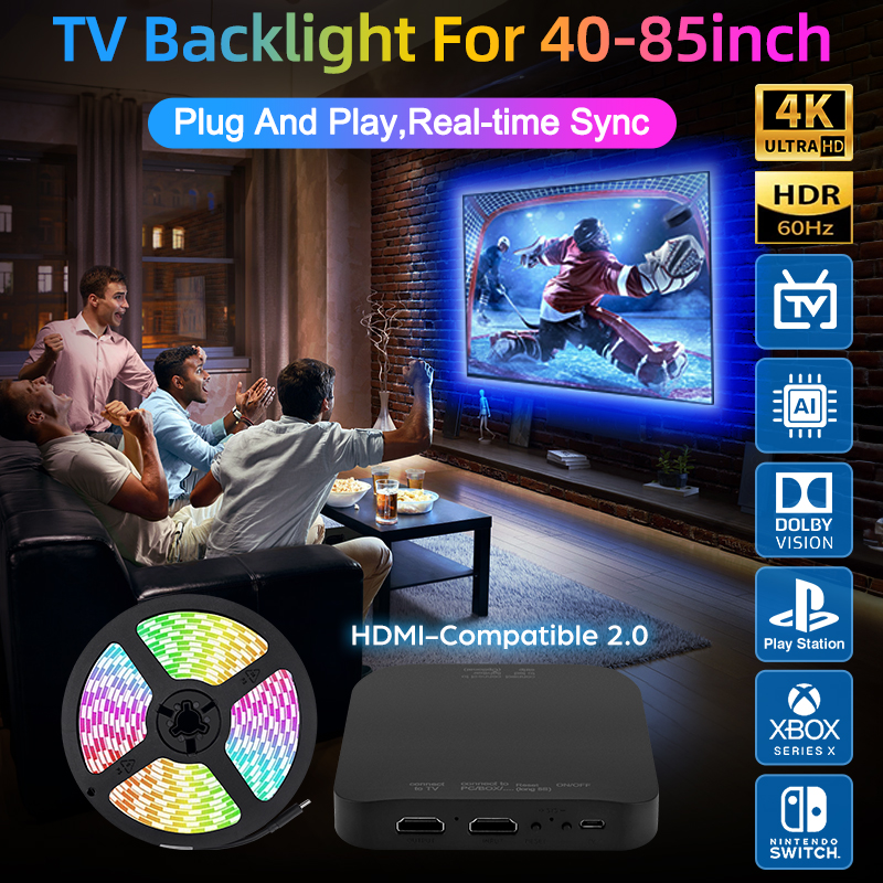 Podświetlenie otoczenia TV dla 40-85 Cal kolorowa synchronizacja w czasie rzeczywistym listwa oświetleniowa LED dla 4K HDMI-kompatybilny zestaw do skrzynka świetlna synchronizacji urządzeń 2.0