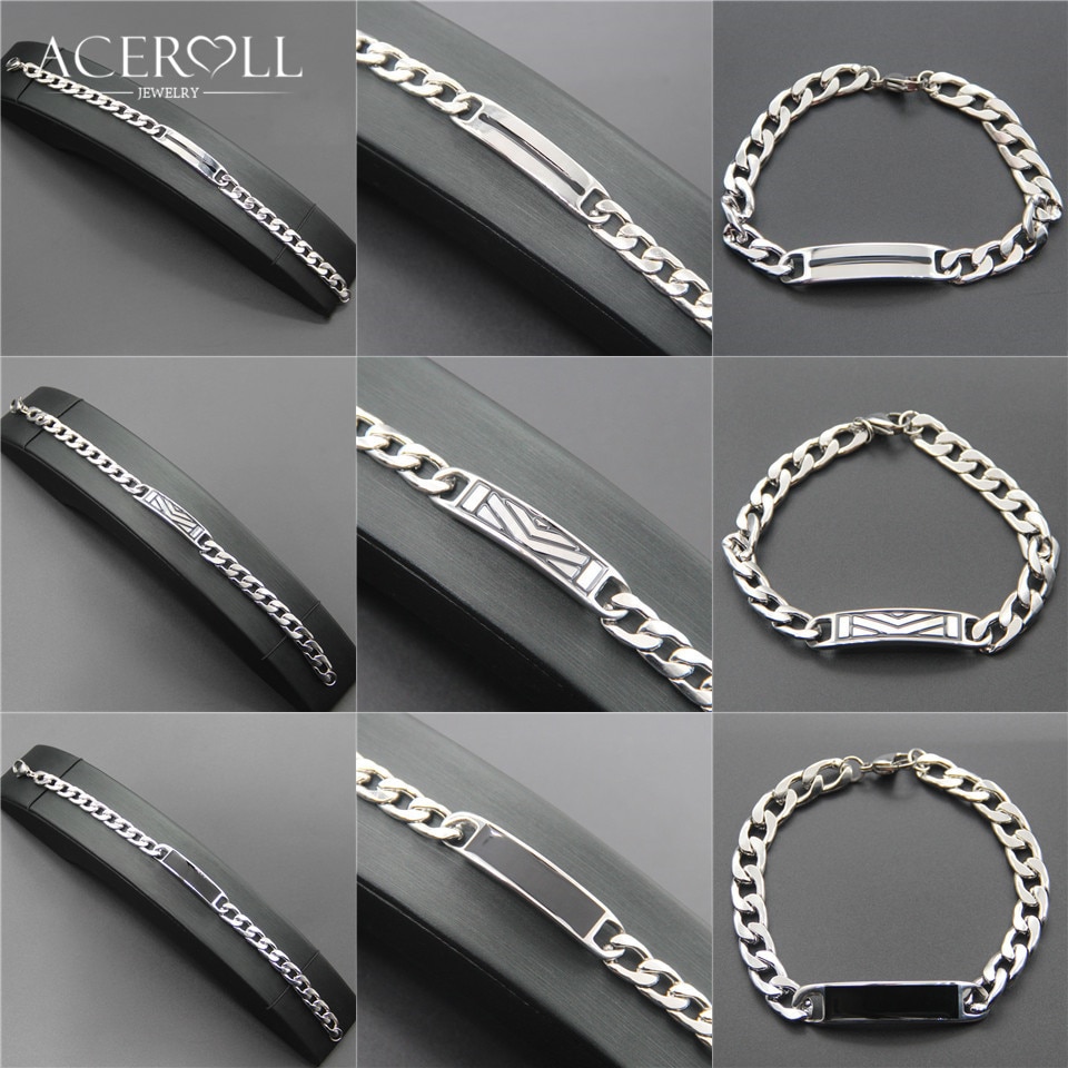 Aceroll rustfrit stål trendy hip pop mand armbånd med emaljeplade i sølvfarve