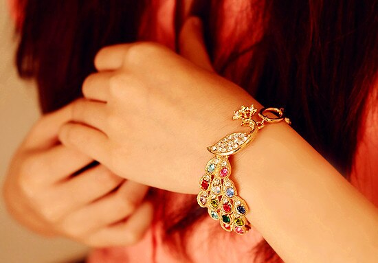Charm Goud Legering Kleurrijke Pauw Armband Mujer Rainbow Bangles Crystal Sieraden Armband Voor Vrouwen Armbanden