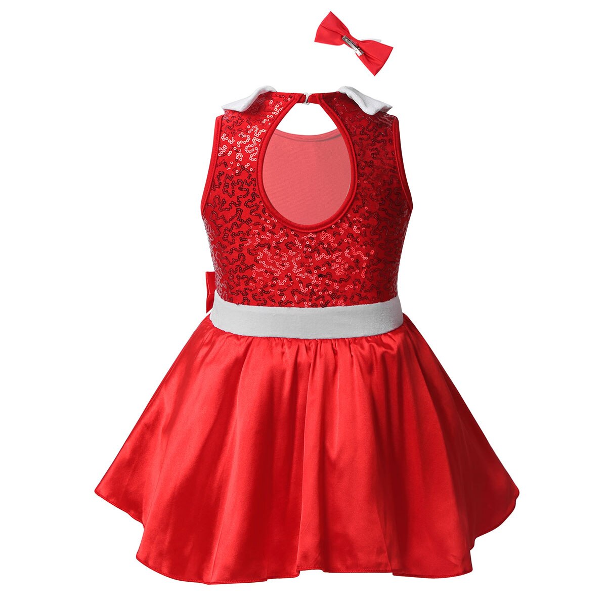 iEFiEL Kids Girls Christmas Costumes Ballroom Dance Wear Sleeveless Shiny Sequined Boknot Tutu Leotard Dress with Hair Clip Set