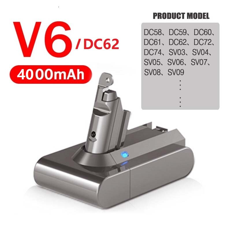 Vacuum Cleaner Battery for Dyson V6 V7 V8 V10 11 Series SV07 SV09 SV10 SV12 DC62 Absolute Fluffy Animal Pro Rechargeable Bateria: V6 4000mAh