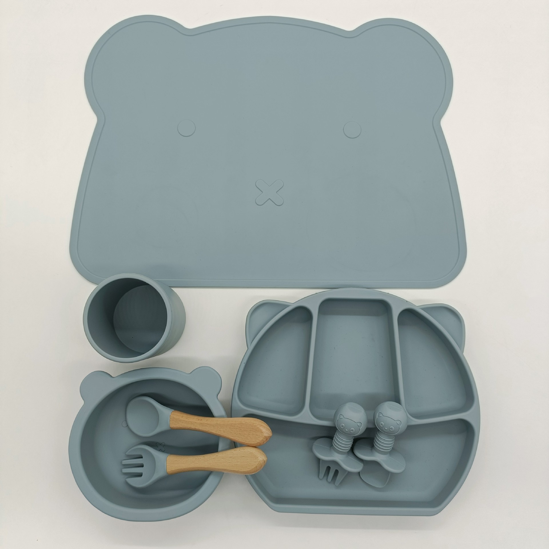 8PC Baby Silicone Sucker Plate Bowl Cup Spoon Fork Placemat Sets Food Grade Children&#39;s Compartment Training Dishes With Sucker: grey blue