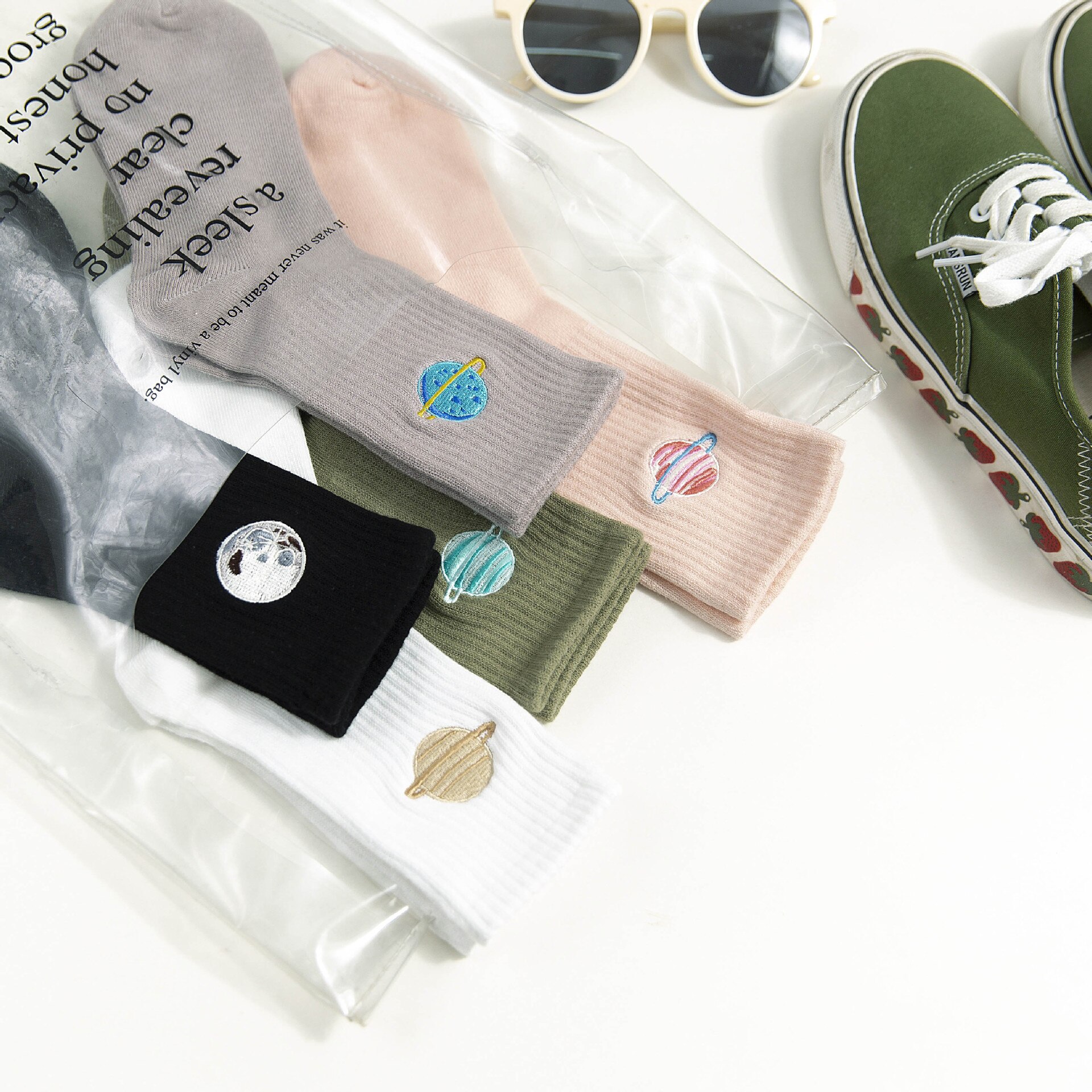 Chaussettes brodées de la série Planet, couleur Pure, pour Skateboard, sport, tendance