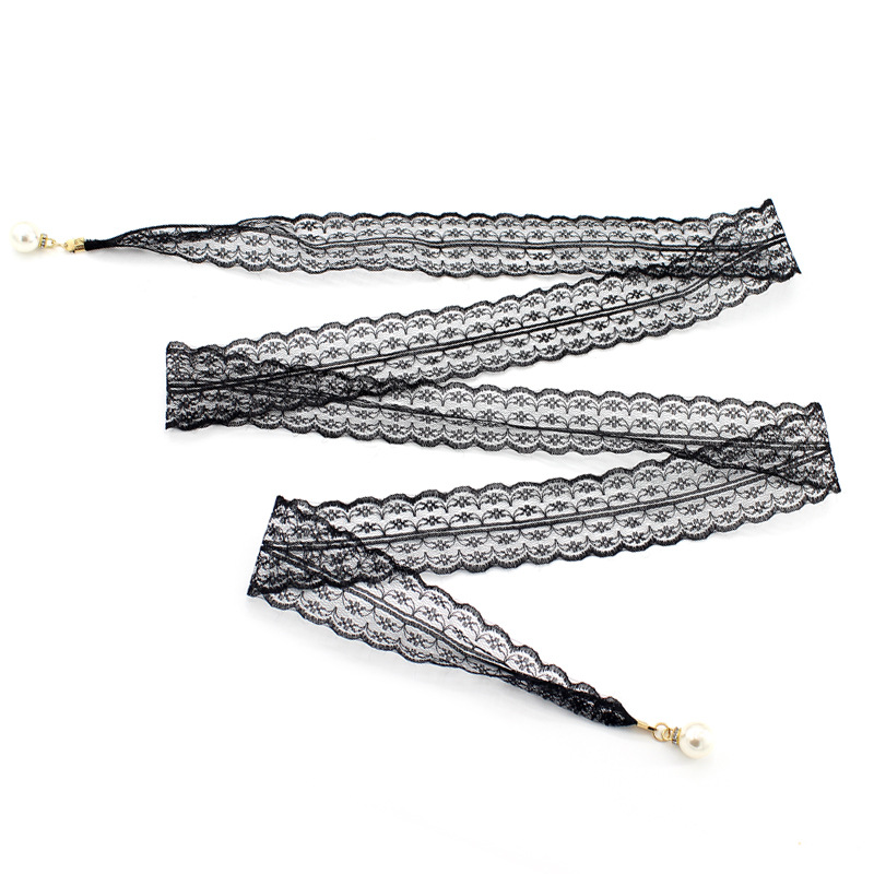 Vrouwen Mode Riemen Lace Hollow Gordel Dunne Parel Riem Touw voor Jurken Kwastje Tailleband Riem Knoop Versierd Smalle Lint Zwart