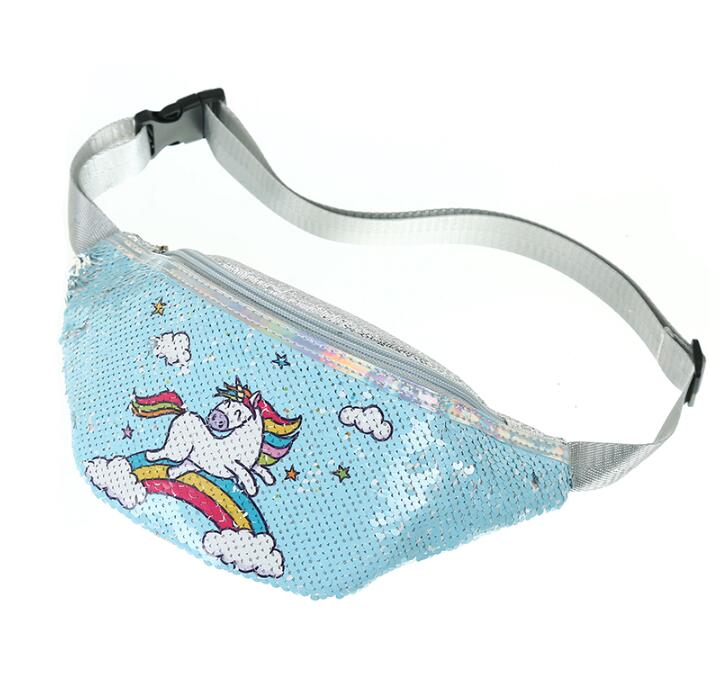 Unicorn Sequins Girls Belt Waist Pack Fanny Girls Belt Mermaid Sport Bag Cartoon For Women Chest Waist Bag Pack Pouch: blue unicorn