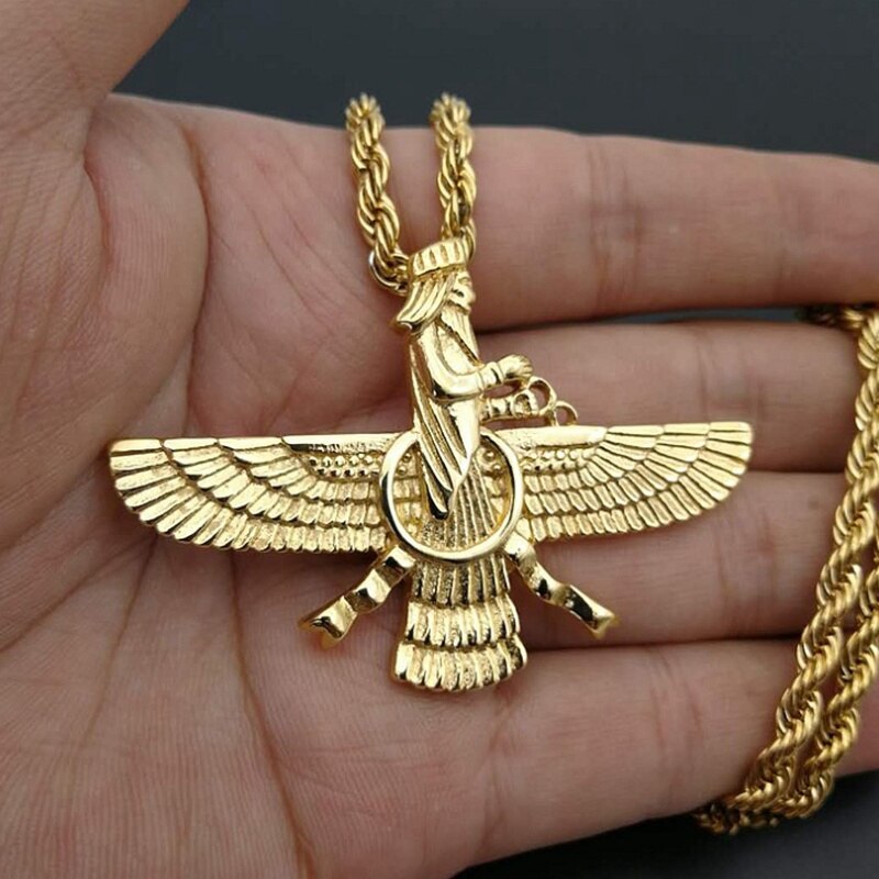 Personality Trend Punk Style Gold Ahura Mazda Light and Fire of Truth Zoroastrianism Men's Amulet Pendant Necklace