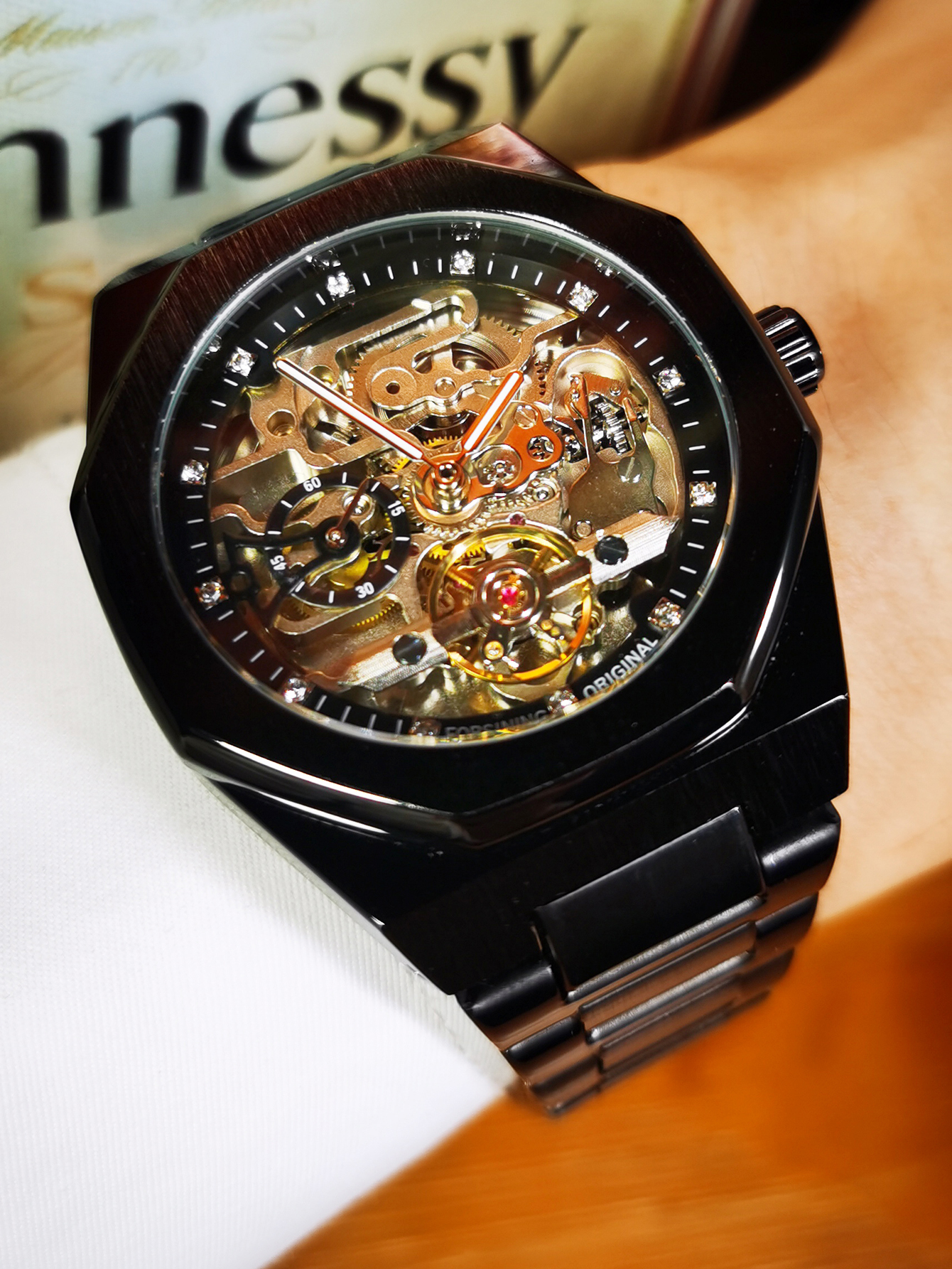 Forsining Lässige automatische mechanische Uhr für Herren, leuchtende Zeiger, Edelstahlarmband, modische Luxus-Skelett-Herrenuhren