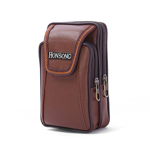 men's vertical mobile phone bag double zipper wear belt purse soft leather men's wallet assurance: Brown