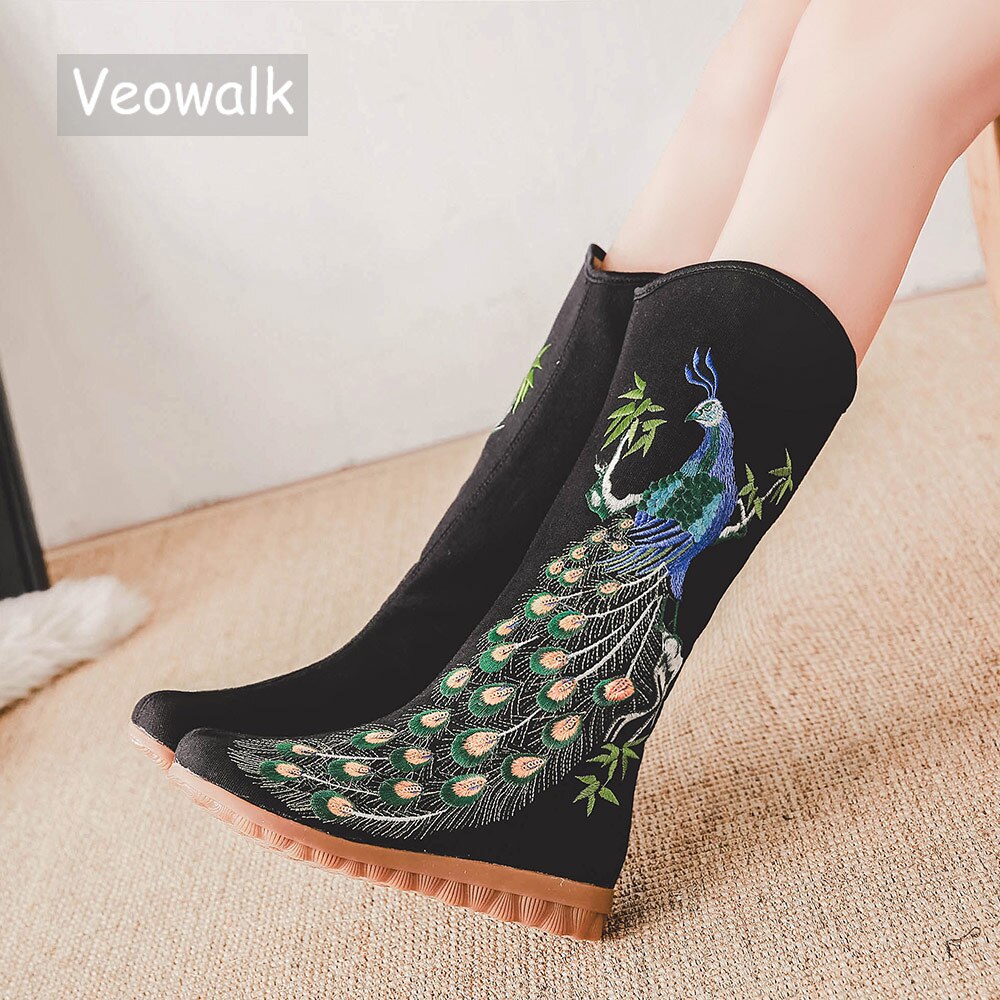 Veowalk Herfst Oude Beijing Pauw Pailletten Katoen Geborduurde Vrouw Casual Mid Laarzen Dames Platform Canvas Schoenen Botas Mujer