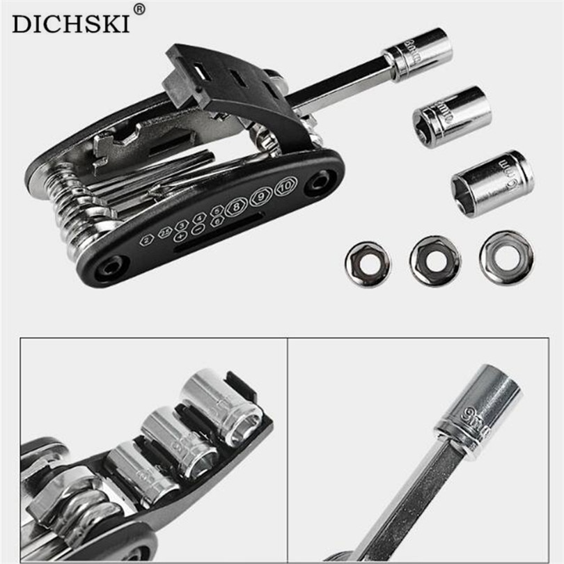 Dichski 15 in 1 multi-brug cykel reparationsværktøjssæt unbrakonøgle møtrik dækreparation nøgle skruetrækker sokkel forlængelsesstang værktøj